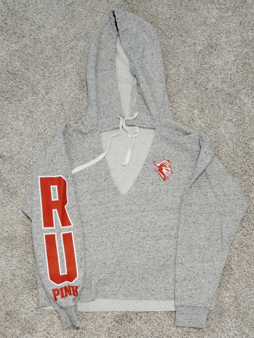 PINK Victoria's Secret Gray V-Neck Hoodie Sweater with Red Sleeve Graphics
